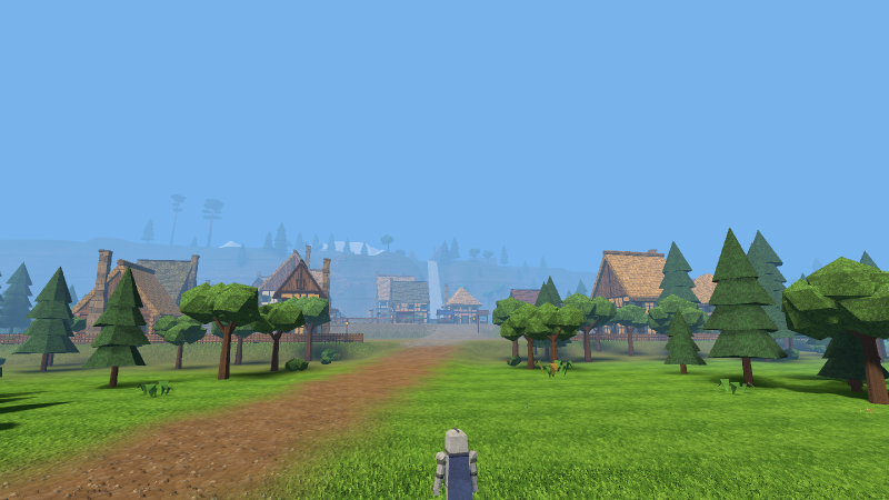 A dirt road through green meadows and trees toward a village with a waterfall